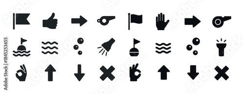 Minimalist black icons of flags, hands, arrows, and bubbles