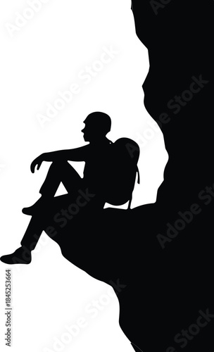Cliffside hiker silhouette vector, contemplative pose, outdoor solitude art, adventure moment, CAD streetwear flat vector illustration