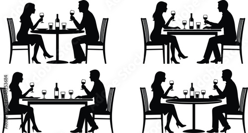 Couple dining silhouette icon set, black vector style, romantic dinner, wine, table, date, conversation, restaurant, sketch