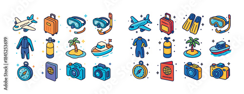 Colorful travel and scuba diving equipment icons set