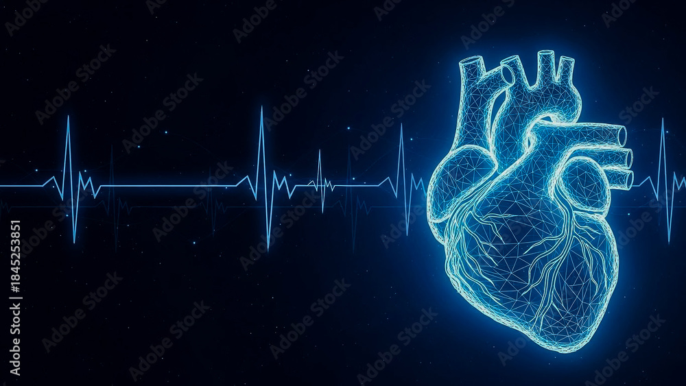 Obraz premium Abstract glowing blue wireframe representation of a human heart with an active electrocardiogram ECG waveform line on a dark, starlike background. Symbolizes modern medical technology, cardiology