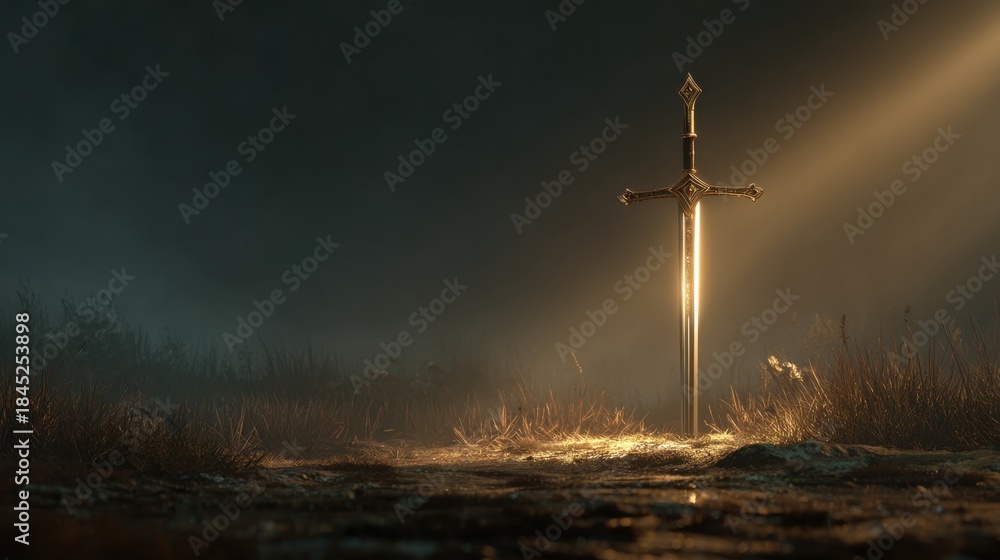 Obraz premium A sword stands upright on the ground in a dark, misty area. Light beams down on the sword, highlighting its features. The surrounding grass is wet, and the atmosphere is mysterious
