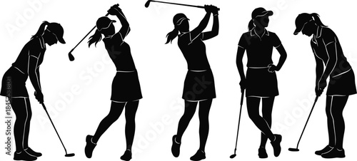 Female golfer silhouette icon set, black vector style, golf swing, putting, sports pose, athletic, motion, club, training