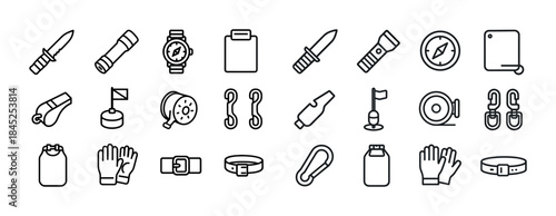 Essential camping icons: knife, flashlight, compass, watch, glov