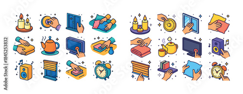Colorful icons illustrating daily household activities with hand