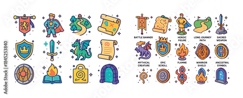 Medieval fantasy icons: hero, dragon, shield, scroll, sword, ban
