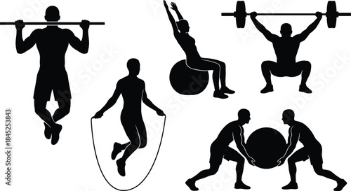 Fitness silhouette icon set, black vector style, workout poses, strength, cardio, teamwork, gym, exercise ball, training
