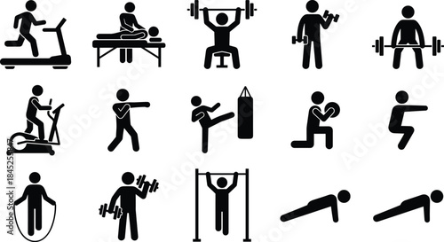 Fitness workout silhouette icons, gym exercise vector set, cardio training, strength routines, boxing, yoga, treadmill, dumbbells, push-ups, jump rope