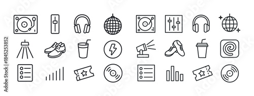 Music and dance icon set: speakers, headphones, disco ball, drin