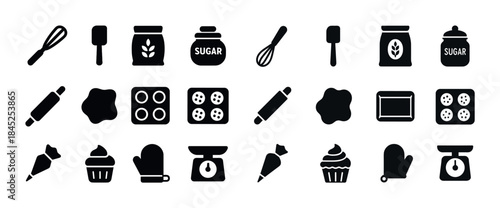 Baking essentials icons: whisk, rolling pin, oven mitt, cupcake,