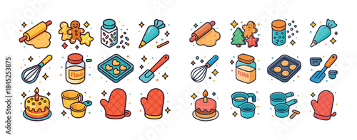 Colorful baking icons: rolling pins, cookies, measuring cups, wh