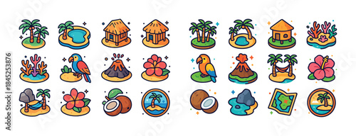 Colorful tropical island icons: beach, palm trees, huts, parrots
