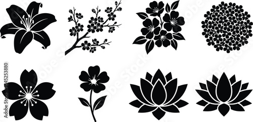 Floral silhouette vector set, lily, cherry blossom, hibiscus, lotus, hydrangea, botanical icon, black flower design, decorative element