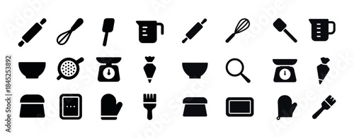 Black kitchen utensils icon set with baking tools and equipment