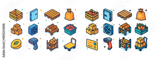 Colorful 3d icons of warehousing and logistics items including c