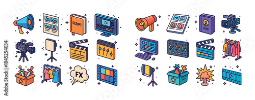 Colorful film production icons: camera, script, editing, megapho