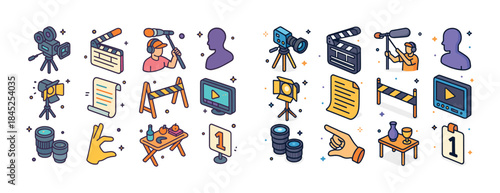 Colorful cinema and filmmaking icons: cameras, microphones, clap