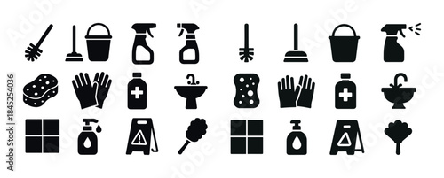 Cleaning icon set: tools, products, safety signs in black