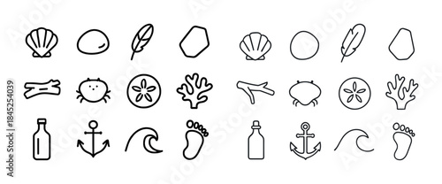 Minimalist nautical icons: shells, anchor, waves, feathers, mari