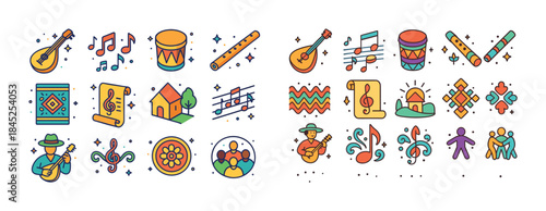 Colorful folk music and dance icons featuring instruments and sy