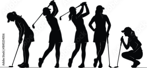 Male golfer silhouette icon set, black vector style, golf swing, putting, stance, motion, sports, athletic, club, training
