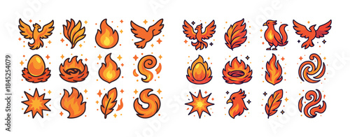 Fiery phoenix symbols and elemental fire icons in vibrant orange
