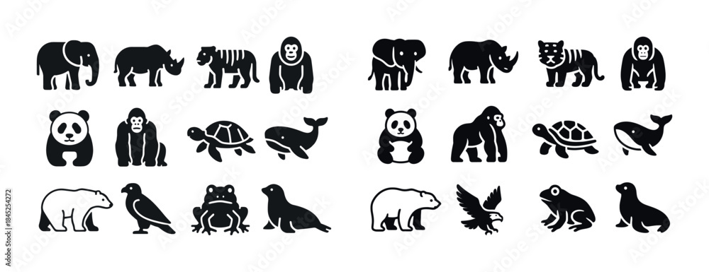 Fototapeta premium Silhouettes of diverse animals: elephant, rhino, tiger, gorilla,