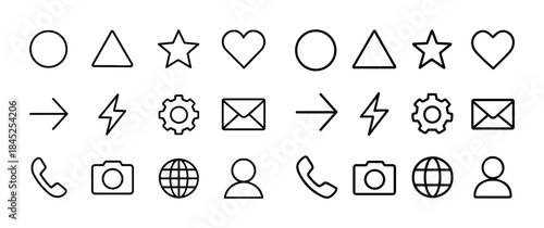 Basic outline icons: shapes, arrows, gear, mail, phone, camera,