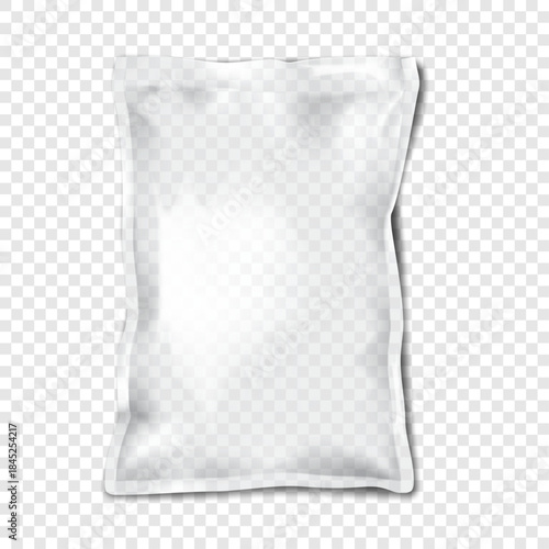 Clear glossy plastic pillow bag. Realistic 3d mockup. Vacuum sealed blank empty transparent pouch package. Vector mock-up. Rectangle sachet packaging. Template for design