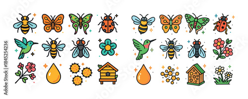 Colorful insect and nature icons featuring bees, butterflies, hu