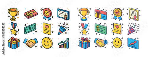 Colorful celebration icons including trophies, certificates, gif