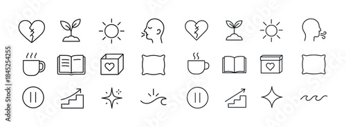 Minimalist icon set: heart, nature, sun, coffee, book, pause, gr