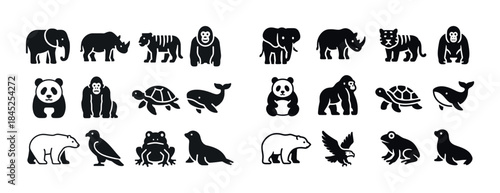 Silhouettes of diverse animals: elephant, rhino, tiger, gorilla,