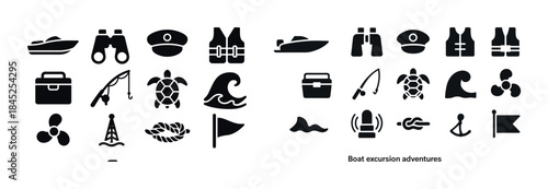 Boat excursion icons: adventure, equipment, marine life, safety