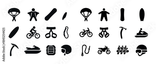 Adventure sports icons set featuring paragliding, snowboarding,