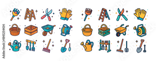 Colorful garden tools collection icon set: baskets, gloves, rake