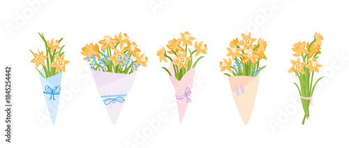Narcissus bouquet set. Spring primroses in kraft packaging. Gift floristic collection. Daffodils vector simple hand drawn illustration.