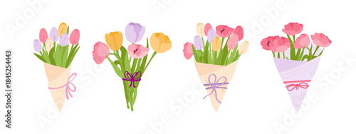 Tulips bouquet set. Spring bright primroses in kraft packaging. Gift floristic collection. Vector simple hand drawn illustration.