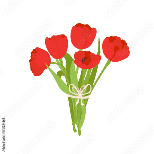 Beautiful bouquet of red tulips tied with a ribbon. Simple vector illustration isolated on white background. Perfect for spring themes, romantic gifts, and celebrations.