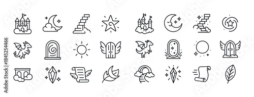 Fantasy icon set with castles dragons stars moons and scrolls in