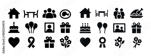 Black silhouette icons: home, celebration, family, gifts, food,
