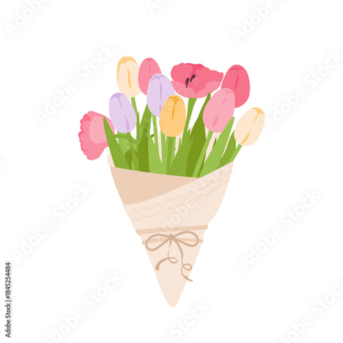 Colorful bouquet with yellow, violet and pink tulips wrapped in kraft paper. Perfect for spring holidays, weddings, and Mother's Day. Simple vector illustration isolated on white background.