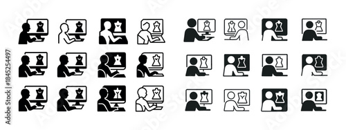 Icon set of fashion designers using digital tools