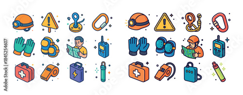 Colorful safety equipment icons: helmets, gloves, maps, radios,