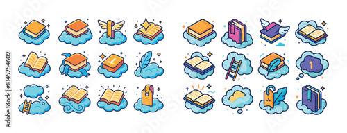 Collection of whimsical book and cloud icons with wings and ladd