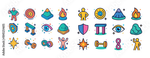 Colorful fitness and self-improvement icons featuring diverse mo