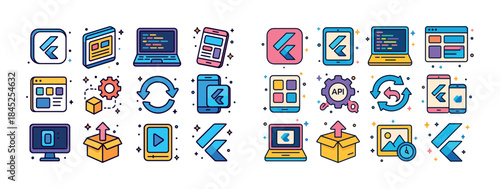 Colorful flutter icons set featuring development tools and mobil