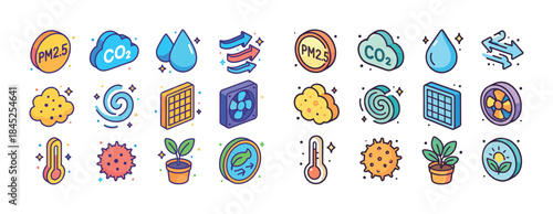 Colorful environmental icons depicting air quality, water, clima