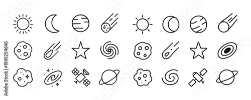 Astronomical icon set: sun, moon, planets, stars, satellites, an