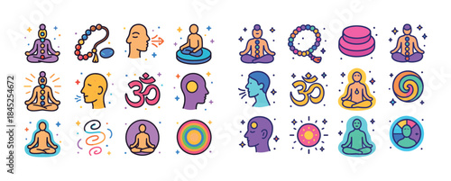 Colorful meditation icons depicting yoga, om symbols, and relaxa